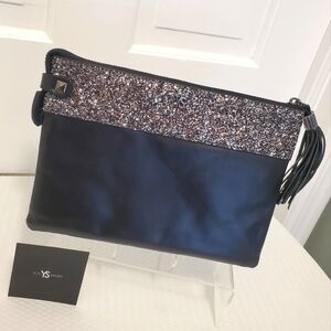 NWOT Yosi Samra Black Leather Clutch, Tassle, ZIP